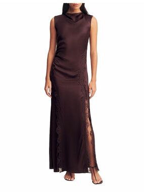 Shona Joy Chocolate Brown Satin Lace-Trim Maxi Dress
